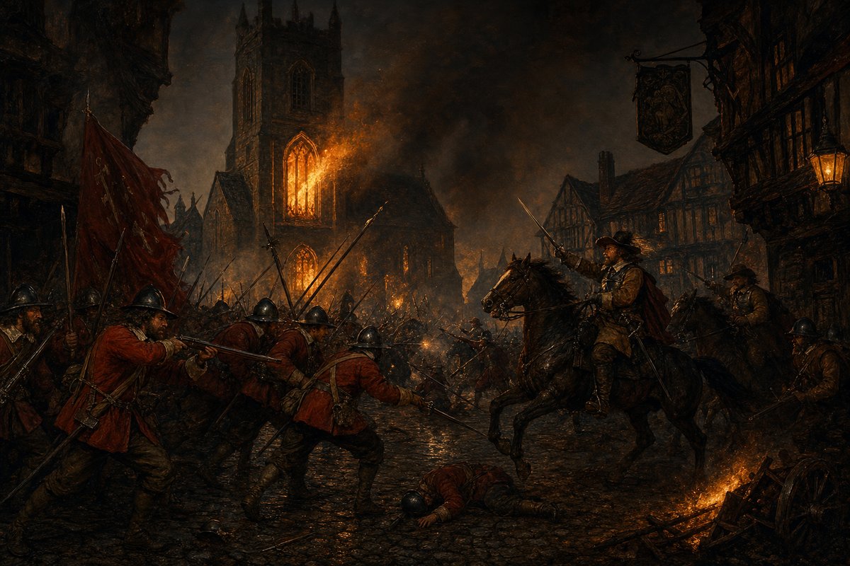 The Battle of Torrington, 16 February 1646 — night fighting in the streets of the town, lit by the flames of the church explosion