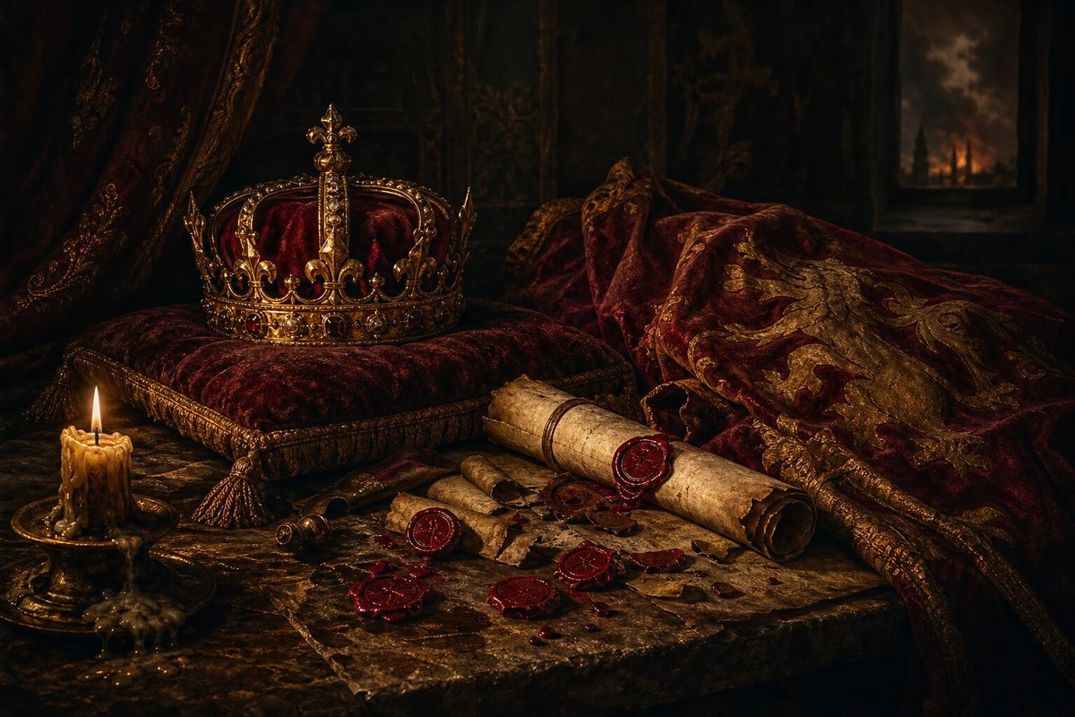 A royal crown on velvet beside a fading Royalist standard and broken wax seals — evoking the last days of Charles I's reign and the collapse of the Royalist cause in 1646