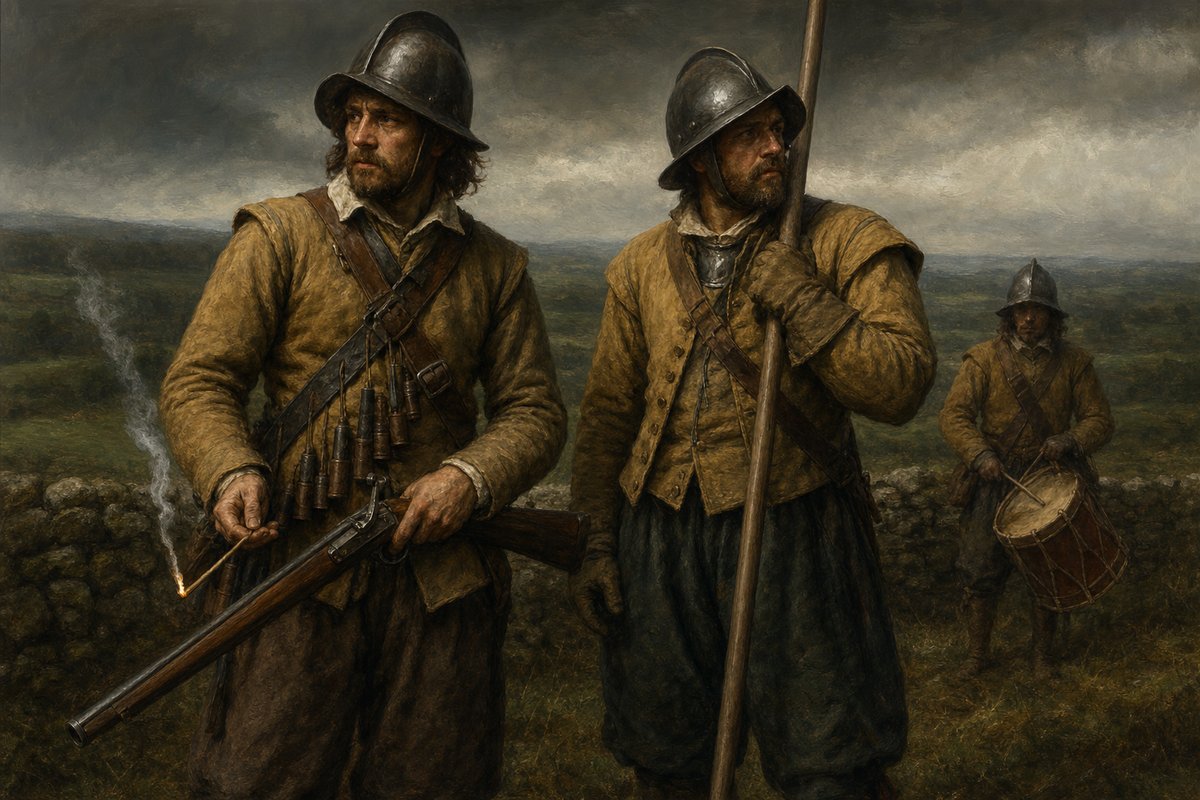 English Civil War soldiers — a Parliamentarian musketeer and pikeman in buff coats and iron helmets, 1640s England