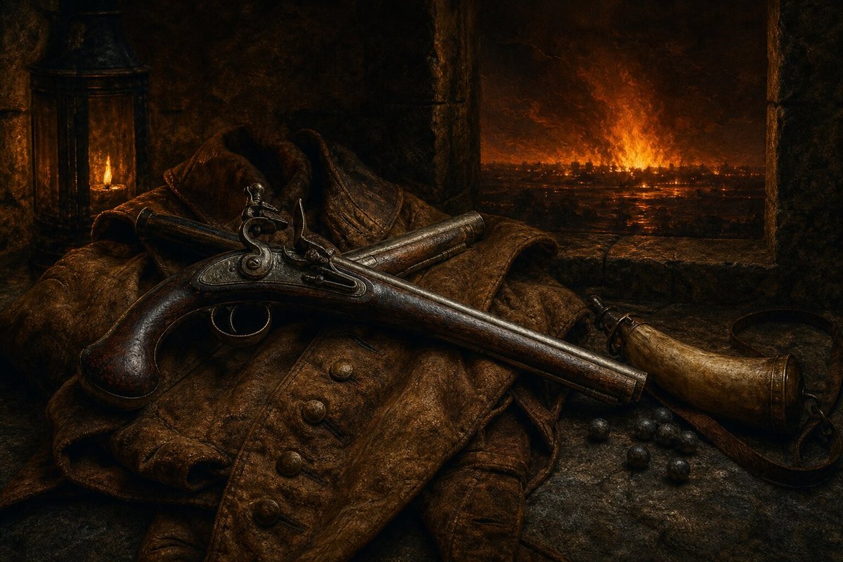 Crossed 17th-century cavalry pistols over a buff leather coat, with a distant fire illuminating the night sky — evoking Oliver Cromwell's cavalry at the Battle of Torrington
