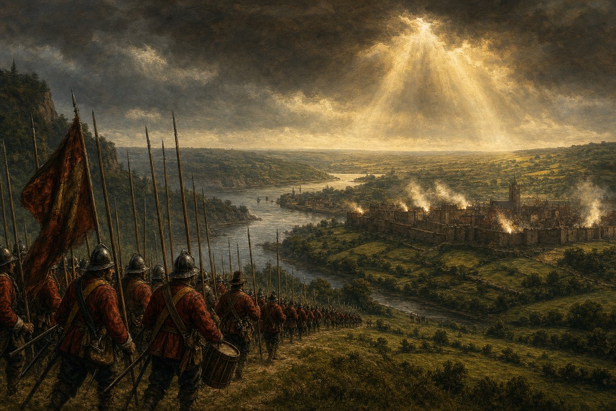 Parliamentarian infantry advancing across a Devon valley, smoke rising from a besieged town — the Civil War in the South West, 1645–46