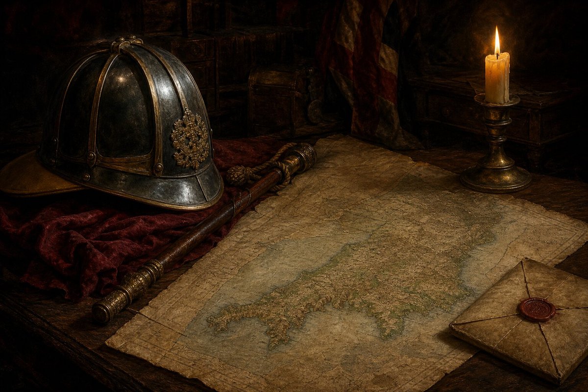 New Model Army lobster-pot helmet, commander's baton and campaign map by candlelight — evoking Sir Thomas Fairfax's South West campaign, 1646