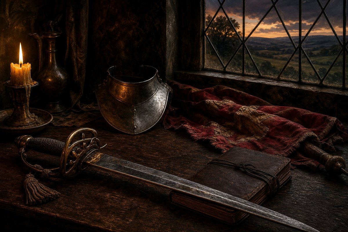 Royalist cavalry sword, gorget and campaign equipment on a dark oak table — evoking Lord Ralph Hopton's final campaign in Devon, 1646